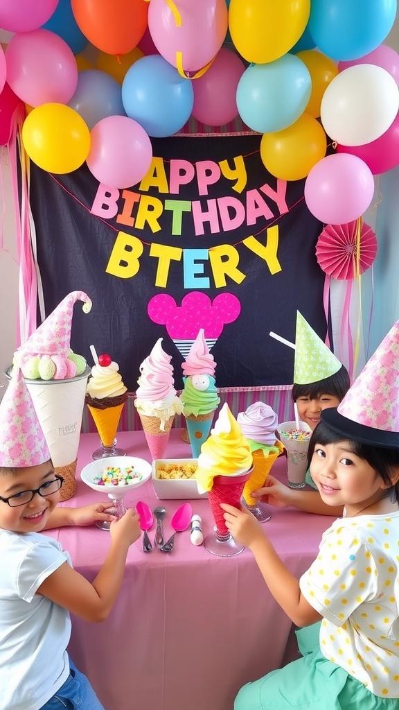 An ice cream birthday party setup with colorful decorations, ice cream bar, and children enjoying sundaes.